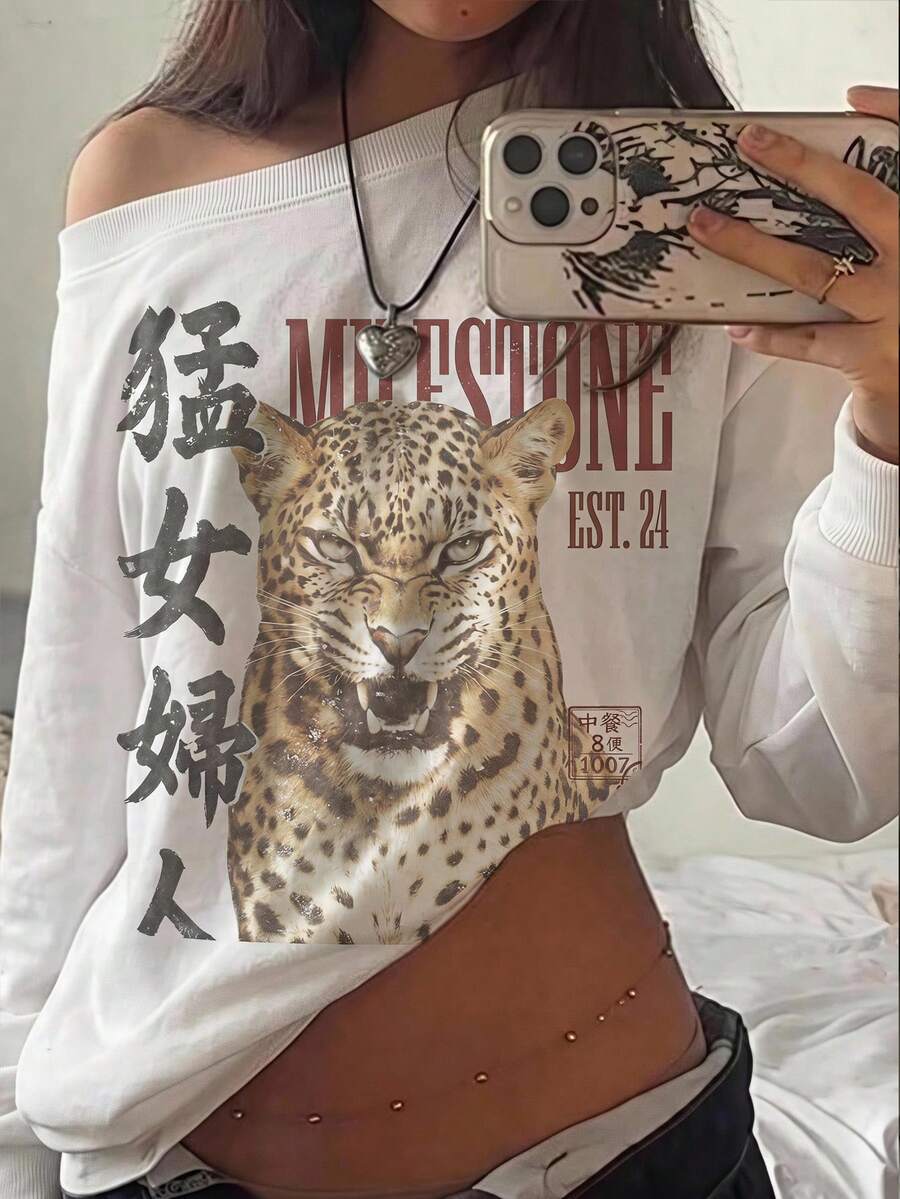 Muchica 女款休閒極簡印花露肩寬鬆不對稱衛衣,棉混紡白色寬鬆不對稱衛衣,適合秋冬 - 彩色 - 查看 1