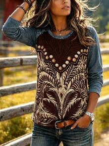 EMERY ROSE T-shirt à manches longues en tricot effet denim avec patchwork géométrique et perles, col rond, style vintage western pour femme, top élégant d'automne, adapté aux vacances - Multicolore - Voir 5