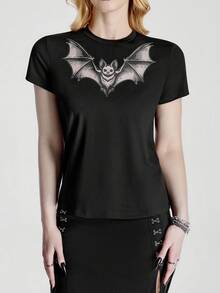 Breakform Casual Versatile Bat Pattern Crew Neck Punk T-Shirt - Black - View 5