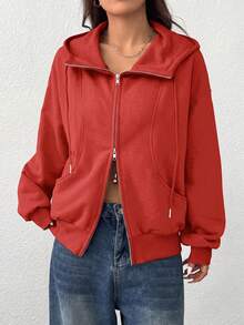 SHEIN EZwear 女款前拉鍊長袖口袋連帽衫，極簡風 - 橘色 - 查看 5