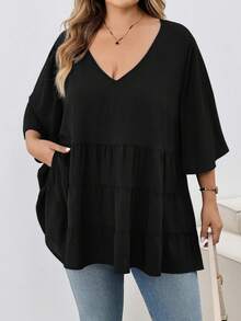 SHEIN CURVE+ Plus Size Elegant Traditional Black Short Sleeve Blouse, Daily Work Brunch, Fall Winter 2026 22W - Black - View 3