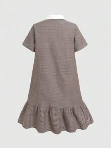 SHEIN Kids Tween Girl Casual Colorblock Polo Collar Fitted Loose Half-Open Front Patchwork A-Line Ruffle Hem Exquisite Small Logo Embroidered Brown Woven Plaid Dress Blue Back To School Khaki - Brown - View 2