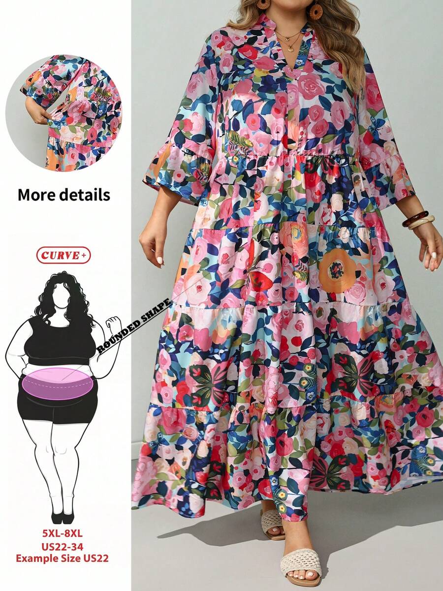 SHEIN CURVE+ 大尺碼淡粉色缺口V領喇叭袖寬鬆洋裝,適合海灘度假與正式度假,2026年秋季 22W 秋季款 - 紅色 - 查看 1