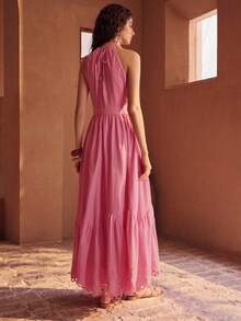 MOTF PREMIUM GAUN HALTER BORDIR KATUN BERONGGA UNTUK WANITA, MUSIM SEMI/PANAS - Watermelon Pink - View 5