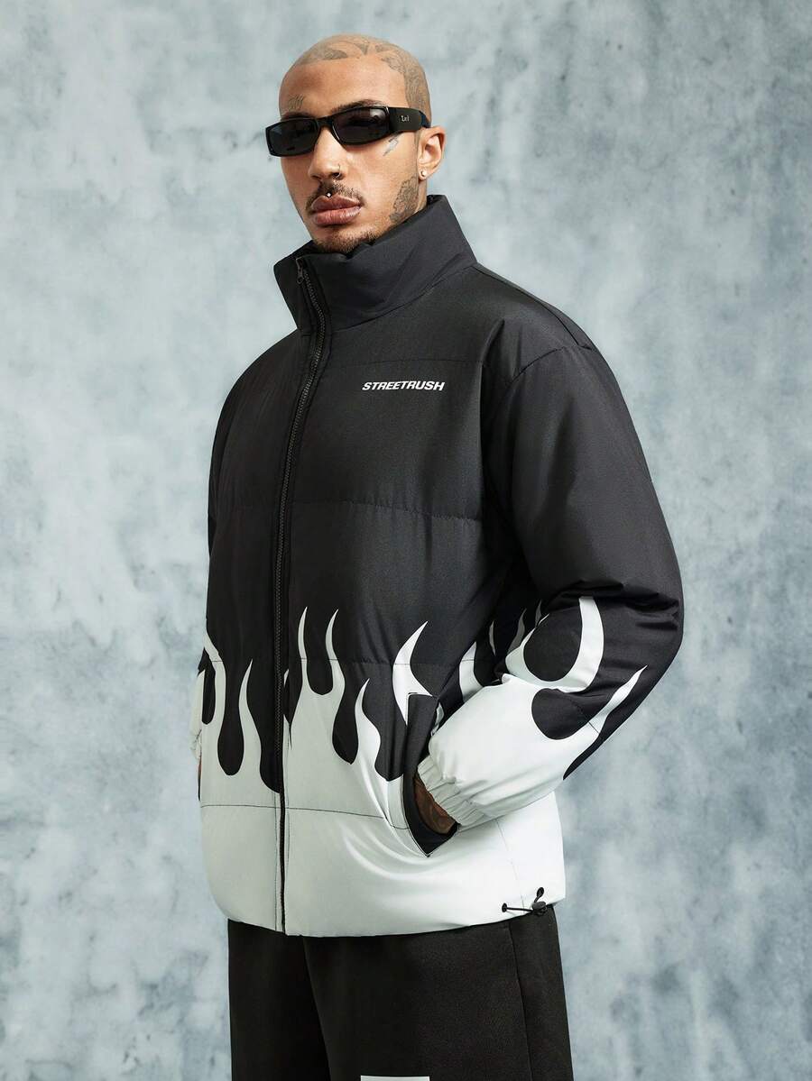 INCRYTM Manfinity Streetrush Men Long Sleeve Street Flame Pattern Winter Coat, Gift For Boyfriend, Streetwear, For Fall - Black - View 1
