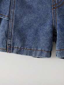 SHEIN Playful Pals 2入組寶寶女孩背心上衣，帶有大花卉和純色，荷邊牛仔短褲和彈性腰帶，時尚夏季裝扮 - 杏色 - 查看 6