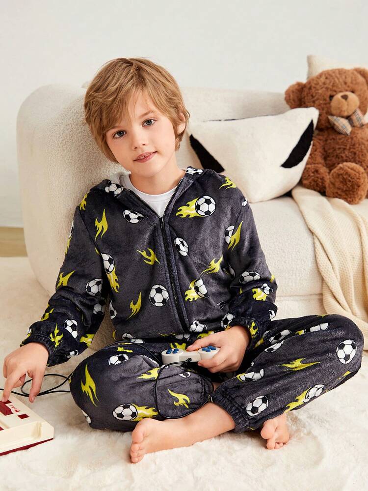 SHEIN Kids Tween Boy Football Print Hooded Pajamas, Thick Fleece Skin-Friendly Sleepwear, Suitable For Autumn/Winter - Multicolor - View 5