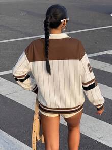 Muchica 女款秋季新款街頭運動休閒時尚 Polo 領長袖寬鬆衛衣，棕色與白色波點，校園教師風 - 彩色 - 查看 2
