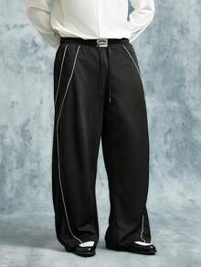 INCRYTM Young Men's Streetwear Black Winter Basic Dress Loose Casual Sweatpants,Elastic Waist Wide Leg Pants With Strap Divider Design For Daily Leisure - Black - View 1