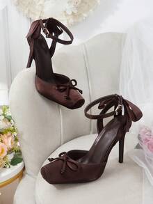 CUCCOO HITCHD Women's Fashion New Elegant Coffee Color Satin Closed Toe High Heel Shoes, Suitable For Dating, Commuting, Party, Wedding - Coffee Brown - View 13