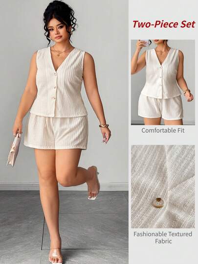 Easura Plus Size Women's Casual Elastic Sleeveless Top & Shorts 2-Piece Set, Apricot Color, Party Dress, Spring/Summer Outfit, Beach Wear, Elegant Party Set, Casual Set, Wedding Guest Outfit, Women's Luxury Evening Gown, Women's Vacation Outfit, Women's Graduation Outfit, Women's Birthday Outfit, Summer Holiday Outfit, Women