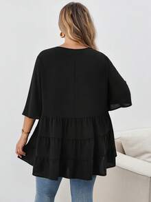 SHEIN CURVE+ Plus Size Elegant Traditional Black Short Sleeve Blouse, Daily Work Brunch, Fall Winter 2026 22W - Black - View 2