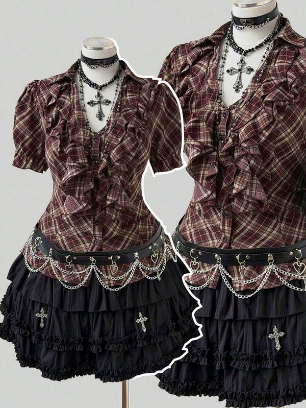 Sunspun Plus Size Ruffle V-Neck Plaid Puff Short Sleeve Blouse