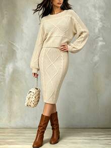 Balvessa Women's Spring Autumn Winter Soft Beige Diamond Cable Knit Sweater Set 2 Pieces Casual Elegant Loose Short Crew Neck Long Sleeve Sweater Brunch - Apricot - View 6