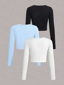 SHEIN Girlism Tween Girl Casual Basic Crew Neck Long Sleeve Cropped T-Shirt Chic Autumn/Winter - Blue - View 2