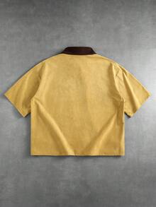 ROMWE MEN Men's Loose Suede Short Sleeve Shirt - Khaki - View 3