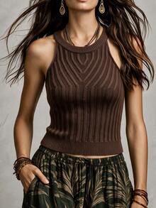 SHEIN Vintage Halter Knit Vest For Women, Hollow Out Cable Knit Sleeveless High Neck Top, Autumn/Winter Inner Layering Base Shirt - Brown - View 5