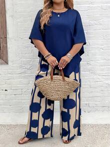 EMERY ROSE Plus Size Vacation Casual Solid Color Shirt And Striped Circle Print Pants Set - Multicolor - View 1