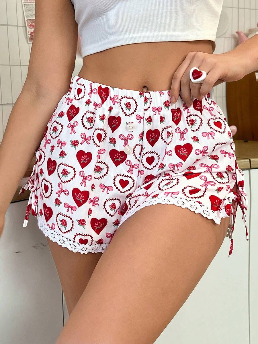 SweetSlumber Sweet Cute INS Heart & Bow Print Women's Pajama Shorts - Multicolor - View 1