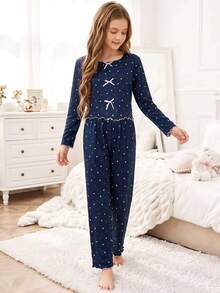 Girls' Royal Blue Small Heart Print Long Sleeve Cropped Top And Matching Heart Print Long Pants Pajama Loungewear Set - Royal Blue - View 6