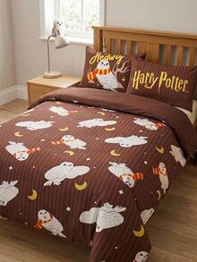 HARRY POTTER X Joivida 卡通床上用品套裝（3件組）– 1件被套 + 2件枕套（不含內芯），100%聚酯纖維，可機洗 - 咖色 - 查看 3