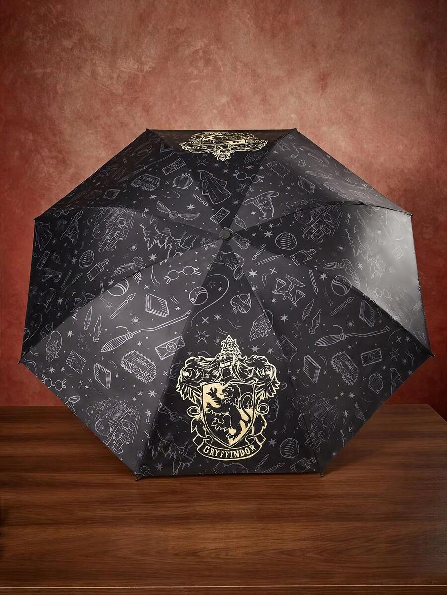 HARRY POTTER X SHEIN 復古校徽黑色膠面可折疊傘,雙用遮陽防雨陽傘,適合學生通勤,魔幻深色圖案便攜式8骨三折傘,旅行防UV男女情侶日常戶外使用 - 黑黃灰色 - 查看 1