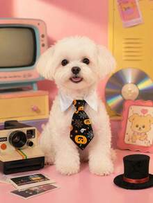 PETSIN 1PC Gentle Suit Collar Pet Tie Collar / Soft Smooth Woven Cloth White Shirt Collar Design Two Style Prints Halloween Pumpkin Spider Web Ghost Pattern & Classic Red Black Stripe - Multicolor - View 9