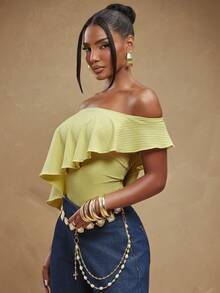 NYA SZN Body asimétrico con volantes de moda brillante - Amarillo - Ver 4