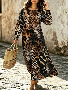 Linhara CURVE Plus Size Woven Printed Elegant Autumn Women's Dress - Brown - View 4