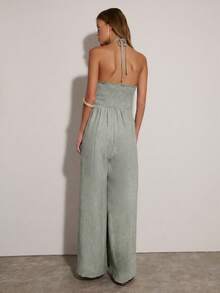 Nöista Women's Solid Color Deep V-Neck Wide Leg Loose Casual Halter Neck Jumpsuit - Army Green - View 2