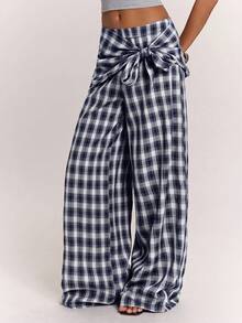 SHEIN BAE Women's Casual Daily Wear Versatile Brown Plaid Scarf-Style Loose Wide Leg Long Pants/Plaid Long Pants/Casual Long Pants/Wide Leg Long Pants/Work Long Pants/Outing Long Pants/Airport Long Pants/Vintage Long Pants - Navy Blue - View 5