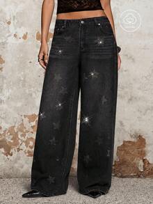 BAD SUNDAY Women's Elegant 90s Hot Girl Rhinestone Star-Shaped Wide Leg Loose Denim Jeans Versatile Commute School Y2k Night Out Concert Black And Silver Summer - Black - View 6