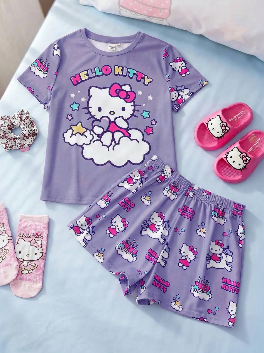 HELLO KITTY AND FRIENDS | SHEIN 2件組可愛休閒風青少年女孩圓領短袖上衣與短褲舒適居家服套裝 - 紫色 - 查看 1