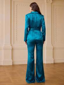 ZEYLAH Women's Elegant Party Jacquard Jacket & Pants 2 Pieces Set - Blue - View 7
