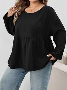SHEIN CURVE+ Plus Size Autumn Fashion Casual Loose Daily Textured Fabric Long Sleeve Ruffle, Winter 2026 22W Fall - Black - View 4
