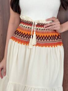 Yasmeen Edit Yasmeen Edit Women's Summer Spring Beach Holiday Bohemian Beige Patchwork Heterogeneous Frill Waist Drawstring Fringe Trim Long Skirt - Multicolor - View 5