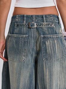 ACID BLVD Colossus Jeans 休閒街頭風復古水洗褪色字母紋理寬鬆牛仔長褲，適合夏季、秋季、冬季 - 深色水洗藍 - 查看 2