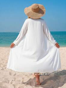 Swim Lushoire Women's Floral Placement Print Cover Up With Detachable Belt, Beach Party Vacation Kimono Cover-Up - White - View 3