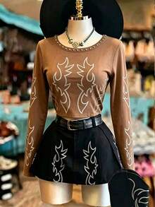 NostaNoir Women's Round Neck Stud Decor Casual Streetwear 2000s Versatile Everyday T-Shirt Concert Rave Brown Autumn - Multicolor - View 1