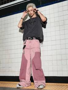 ROMWE MEN Grunge Punk 男士拼色拼接水洗牛仔長褲 - 藕粉色 - 查看 6