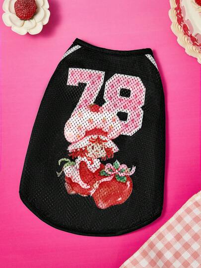 Strawberry Shortcake X SHEIN Sporty Vintage Strawberry Girl Print Mesh Pet Tank Top, Breathable Quick Dry Hollow Fabric, Sizes XXS-XXXXXL For Cats & Dogs, Cool Summer Wear For Sports, Walking & Indoor Use