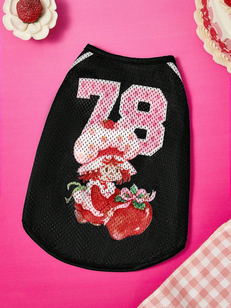 Strawberry Shortcake X SHEIN Sporty Vintage Strawberry Girl Print Mesh Pet Tank Top, Breathable Quick Dry Hollow Fabric, Sizes XXS-XXXXXL For Cats & Dogs, Cool Summer Wear For Sports, Walking & Indoor Use - Black - View 1