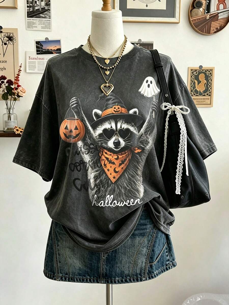 Lalippa 女款大尺碼萬聖節浣熊印花圓領寬鬆版型T恤 - 深灰色 - 查看 1