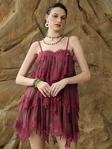 Arave Women's Solid Color Lace Patchwork Multi-Layer Spaghetti Strap Mid-Length Dress - Burgundy - View 4