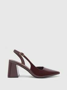 CUCCOO BIZCHIC Ladies Fashion High Coarse Heel Brown Mirror Back Strap Inner Space Ladies High Heel Shoes Simple Commuter Elegant Basic Outdoor Festival Vacation - ink brown - View 2