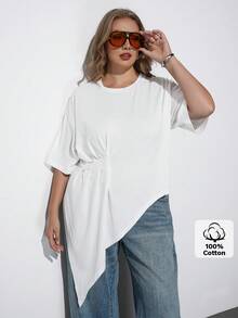 Maija Camiseta de talla grande blanca con cuello redondo, manga corta, diseño de cintura con dobladillo asimétrico, estilo moderno de vacaciones casual de bajo perfil, estilo de dinero antiguo de calidad premium, ropa de crucero, minimalista de lujo de Oriente Medio, textura esencial, atuendo de moda, casual de negocios, ropa de oficina urbana para mujeres, ropa de viaje de alta calidad, versátil para todas las estaciones - Blanco - Ver 7