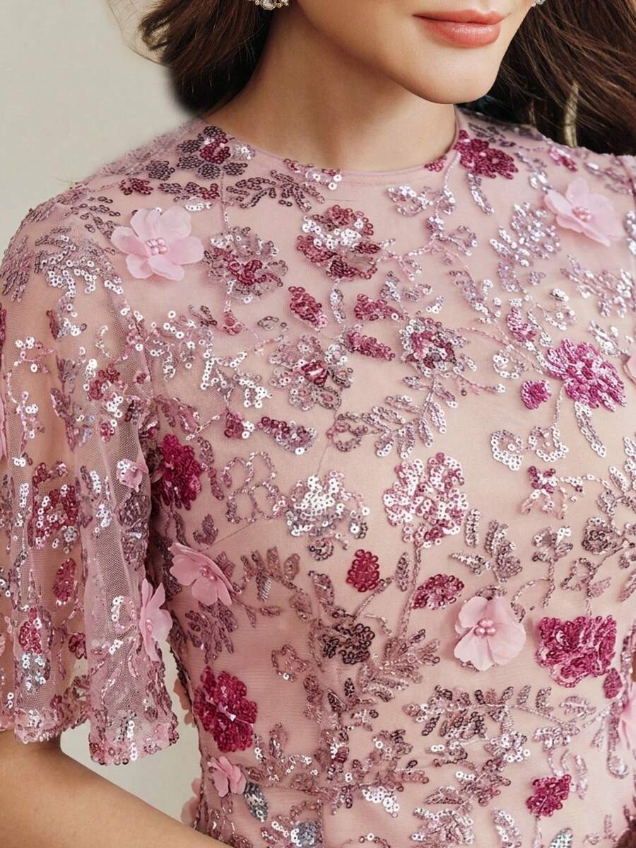 Anewsta Elegant Navy Blue Floral Mesh Ruffle Trim Sequin Embellished Short Sleeve Dress, Suitable For Party, Date, Resort Wear, Spring/Summer Outfits - Pink - View 1