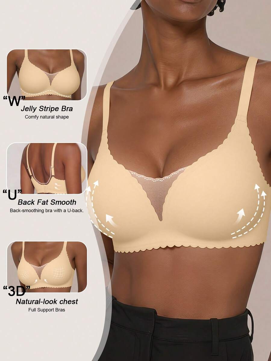 SHEIN Casual-Comfy 1pc Seamless Mesh Patchwork Solid Color Wavy Edge Adjustable Non-Wired Removable Padding Women's Bra - Khaki - View 1