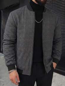Manfinity Homme 男士千鳥格深色成熟休閒通勤居家舒適拉鍊夾克外套 - 棕色 - 查看 6
