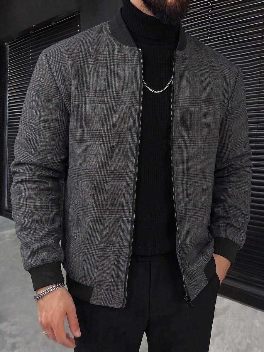 Manfinity Homme Men's Houndstooth Dark Color Mature Casual Commute Home Comfortable Zipper Jacket And Coat - Brown - View 1
